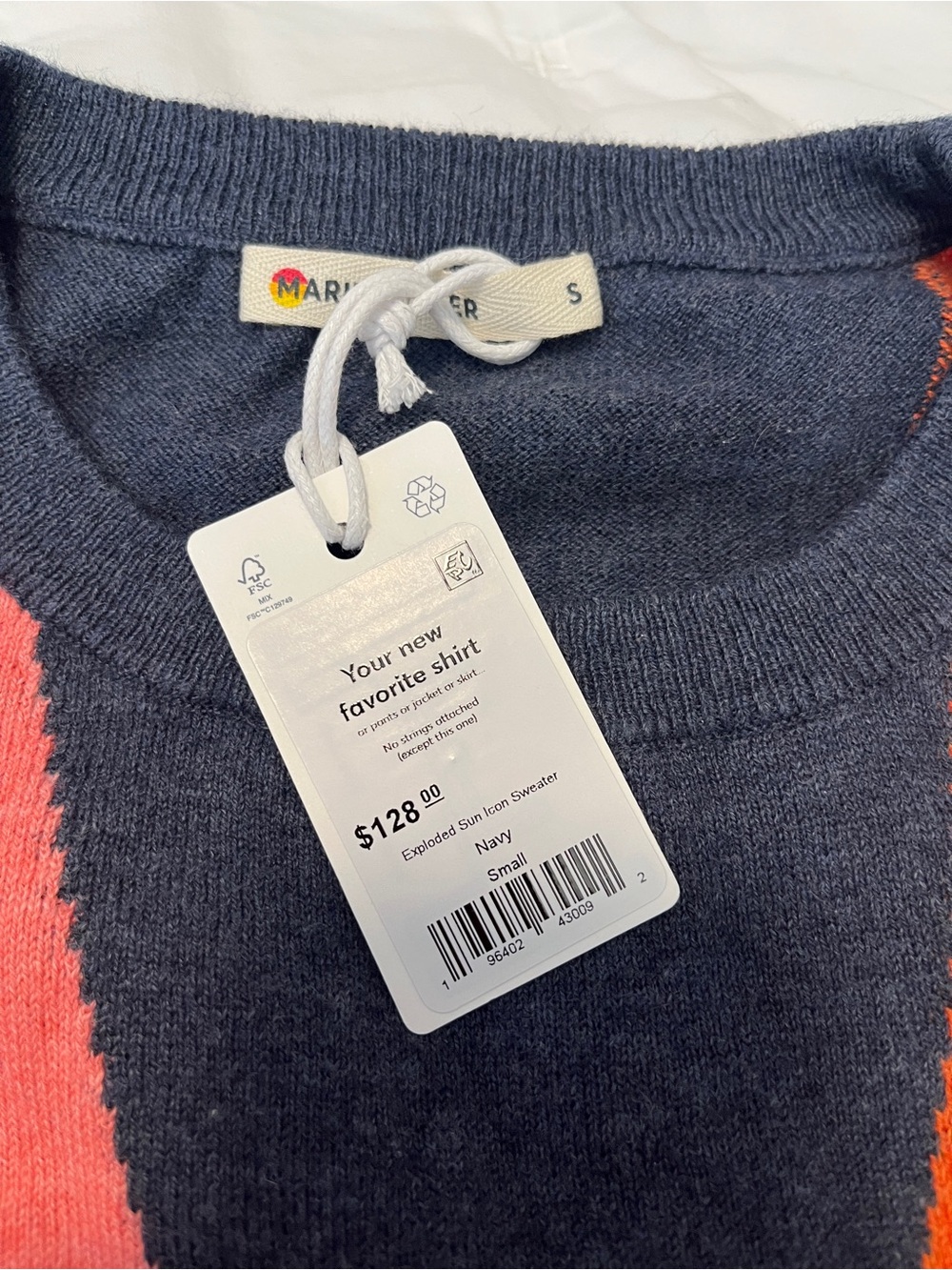 Marine Layer Navy Crewneck Sweater with Yellow, Red, Coral, Orange Sunburst - Picture 2 of 6